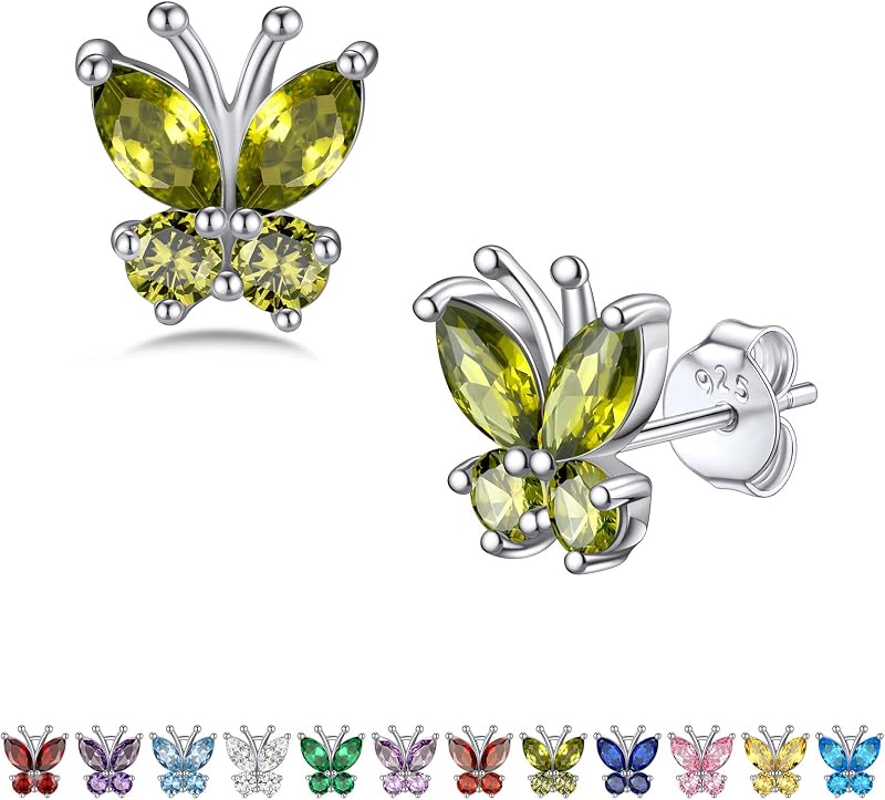 Bestyle Gold Butterfly Earrings for Women, Dainty Cute Birthstone Studs Hypoallergenic Jewelry, Great Birthday Gift