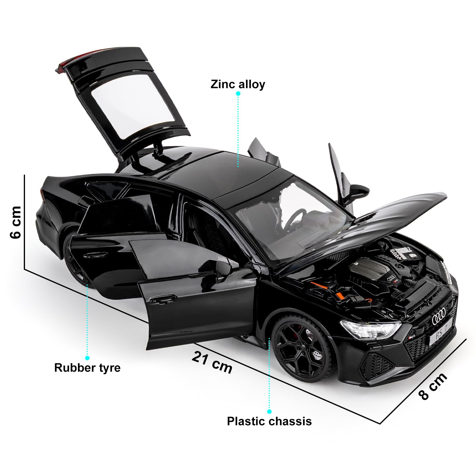 imtfzct 1/24 Supercar RS7 Black Warrior Modellauto, Sound- und Licht-Spielzeugauto mit Pullback-Funktion, Sammlermodell aus legiertem Stahl, Geschenk für Kinder