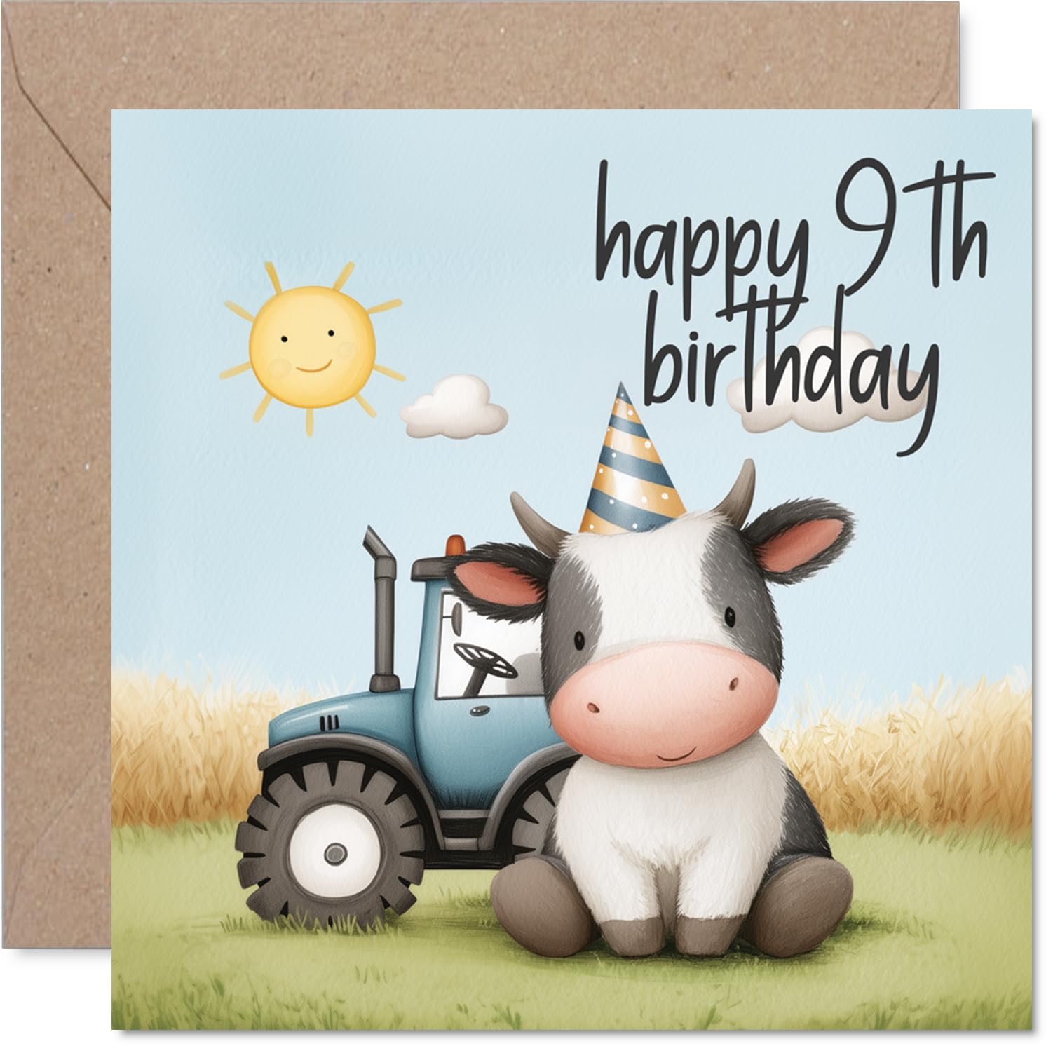 Cute 9th Birthday Card - Farmyard Fun for Turning Nine - Adorable Cow in a Party Hat and Tractor Scene - Bursting with Birthday Cheer - 145mm Square, Envelope Included