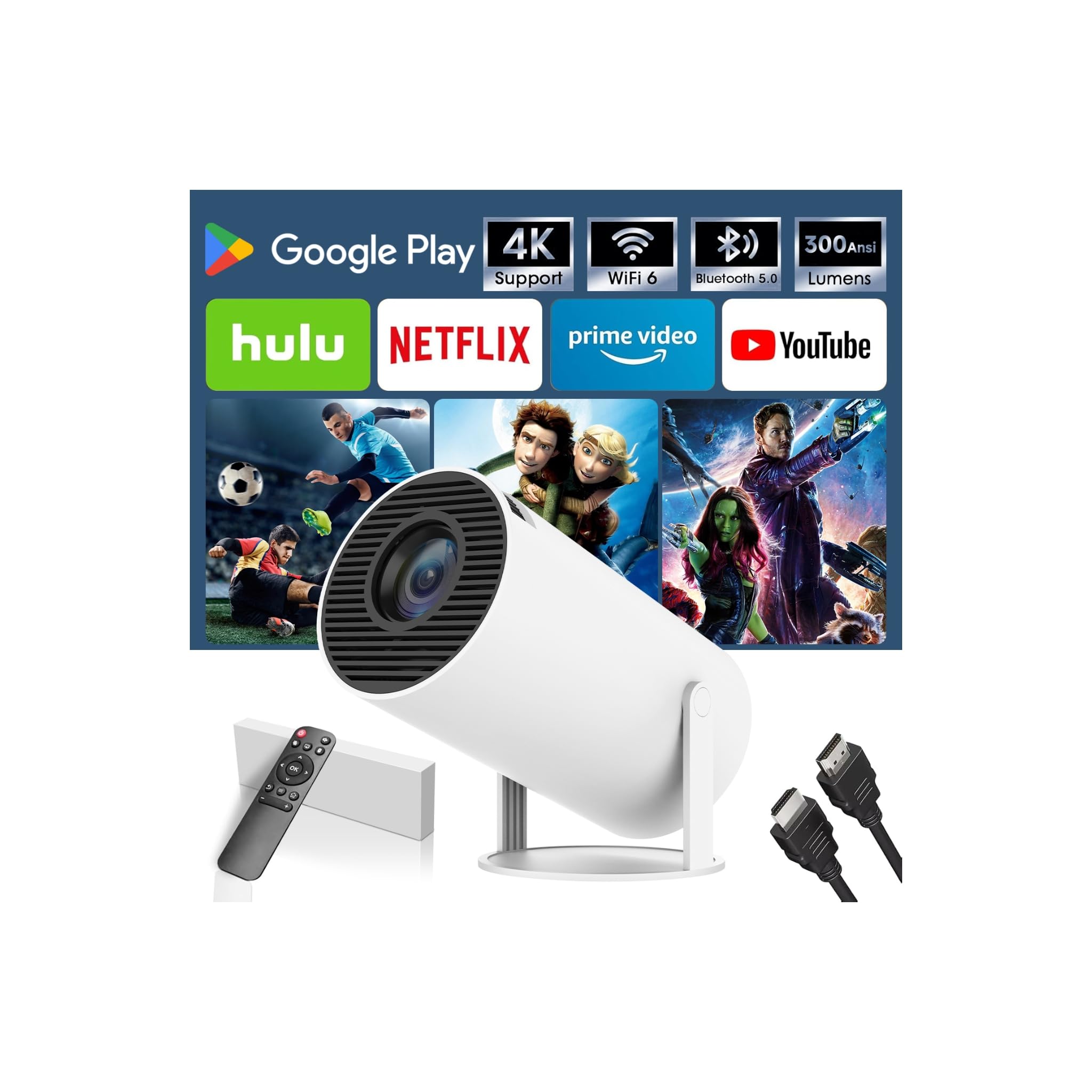 Mini Proiettore 4K Supporta, Smart Proiettore Portatile, 1080 FHD Supporta, Videoproiettore con WiFi 6 Bluetooth 5 180°Rotazione per Phone/HDMI/TV Stick/USB