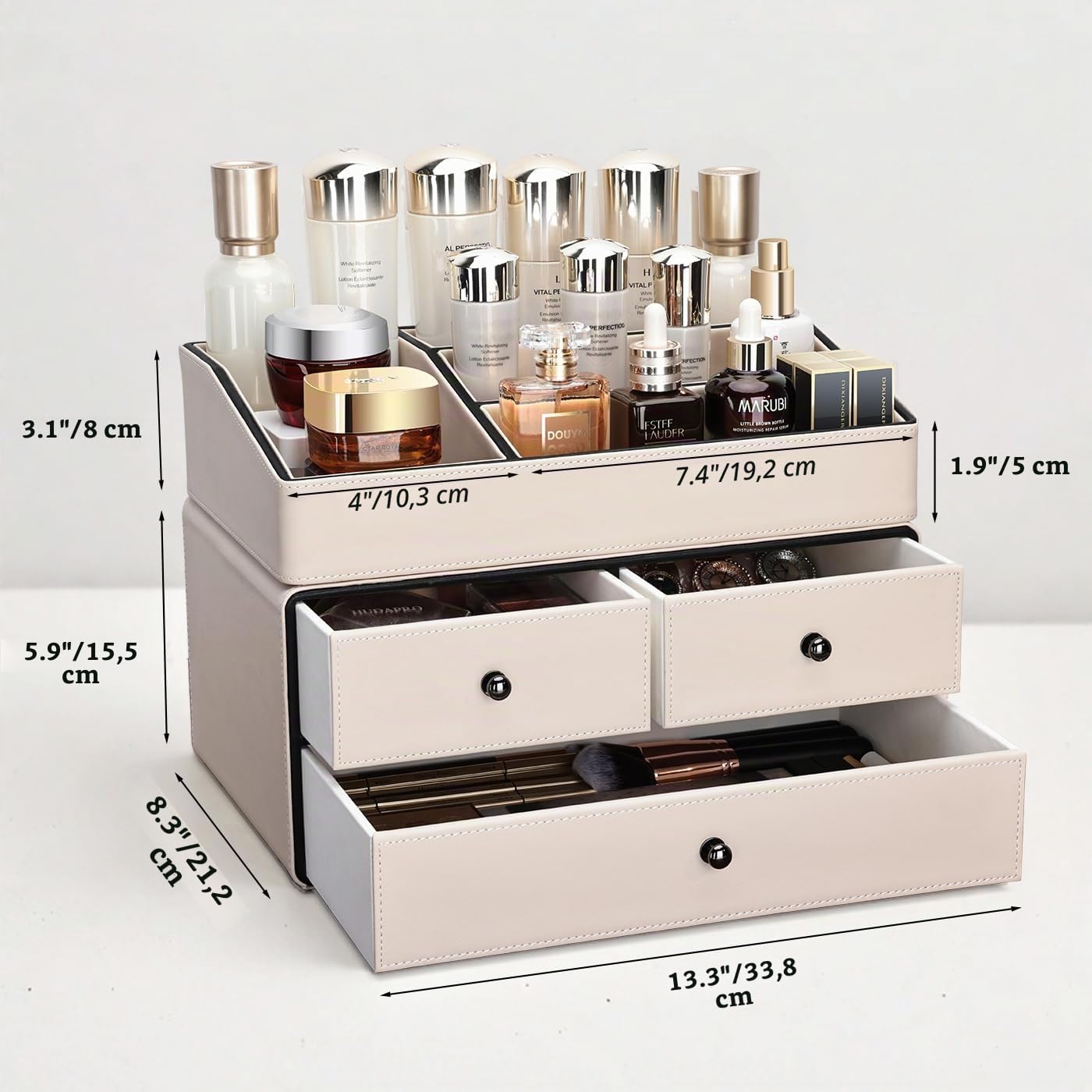 KINGFOM Organizador de Maquillaje, Organizador Cosmeticos con 3 Cajones y 5 Compartimentos, Makeup Organizer (Beige)