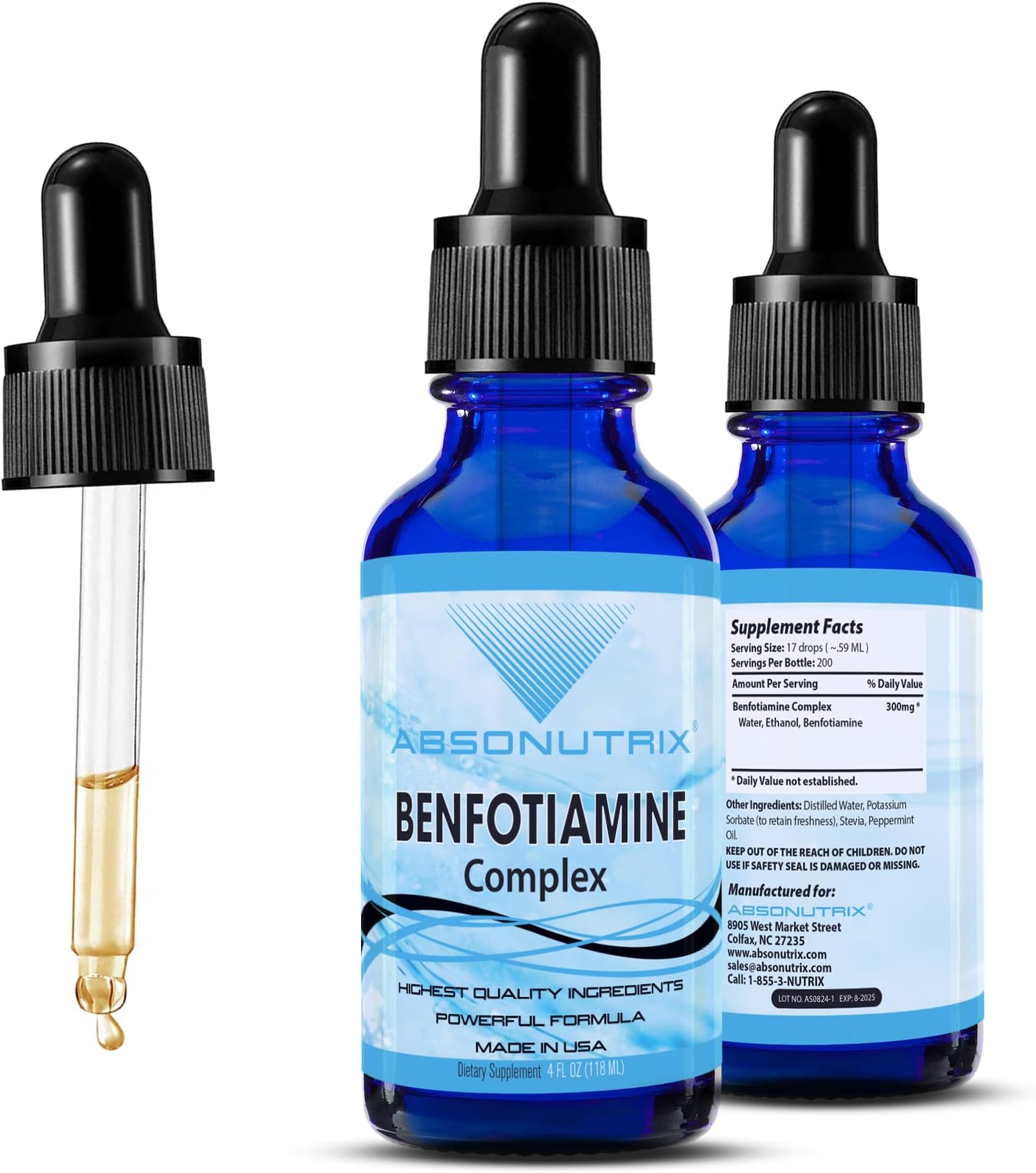 Benfotiamine Complex 300 mg, 4 Fl Oz Bottle, 200 Servings, High Bioavailability, Potent Ingredients, Quick Absorption, Cruelty-Free, Non-GMO, Third-Party Tested, GMP-Certified, Made in USA