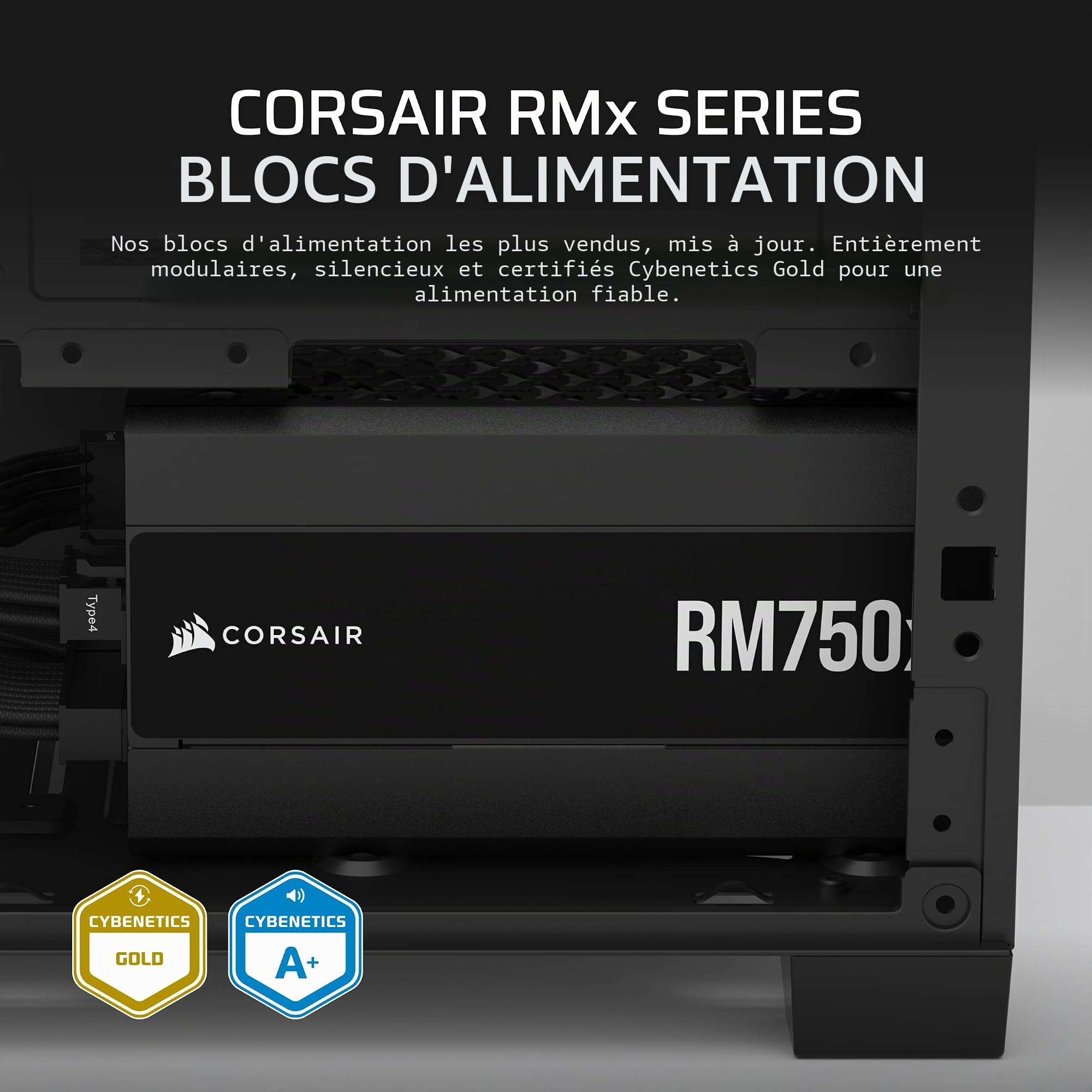 Corsair RM750x ATX 3.1 PCIe 5.1 Ready Bloc d'alimentation entièrement modulaire 750 W - Faible Bruit, efficacité cybenetics Or, connecteur natif 12V-2x6 - Noir