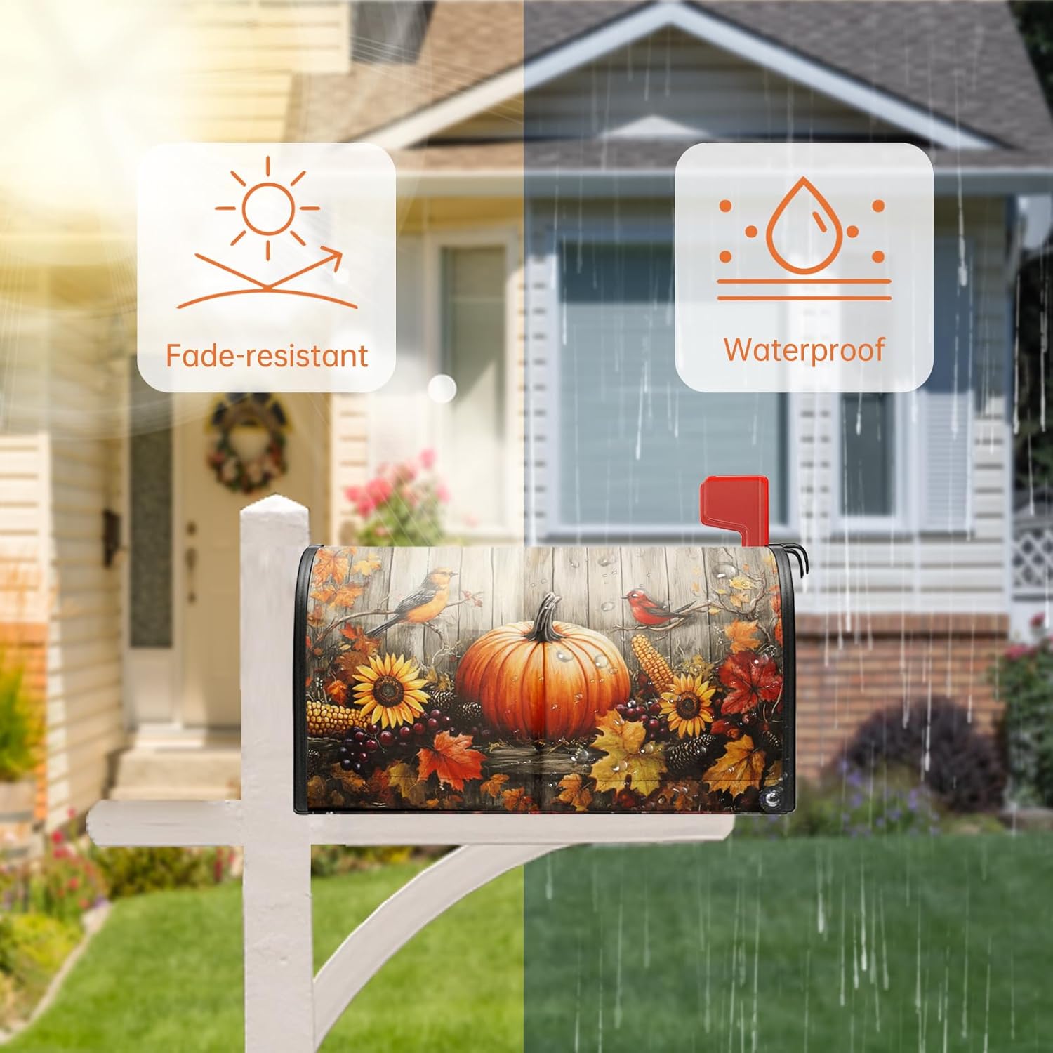 Magnetic Mailbox Covers Standard Size 21'' x 18'' – Fall Pumpkins & Halloween Bat Design, Seasonal Decorative Mail Box Covers Magnetic, Waterproof & Durable Mailbox Wrap