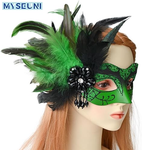 Miniatura 6 de MYSEUNI Máscara de mascarada para mujeres con plumas, máscara de plumas venecianas para mujer, para fiesta de máscaras, Mardi Gras
