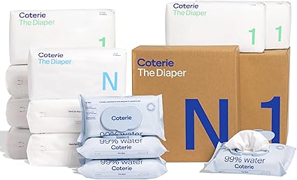 Coterie Baby Wipes + Diapers Kit, Size 1 (198 Count) & Size Newborn Diapers (93 Count), 4 Pack (224) Wipes with 99% Water, Plant Based Materials, Hypoallergenic for Sensitive Skin, Baby Essentials
