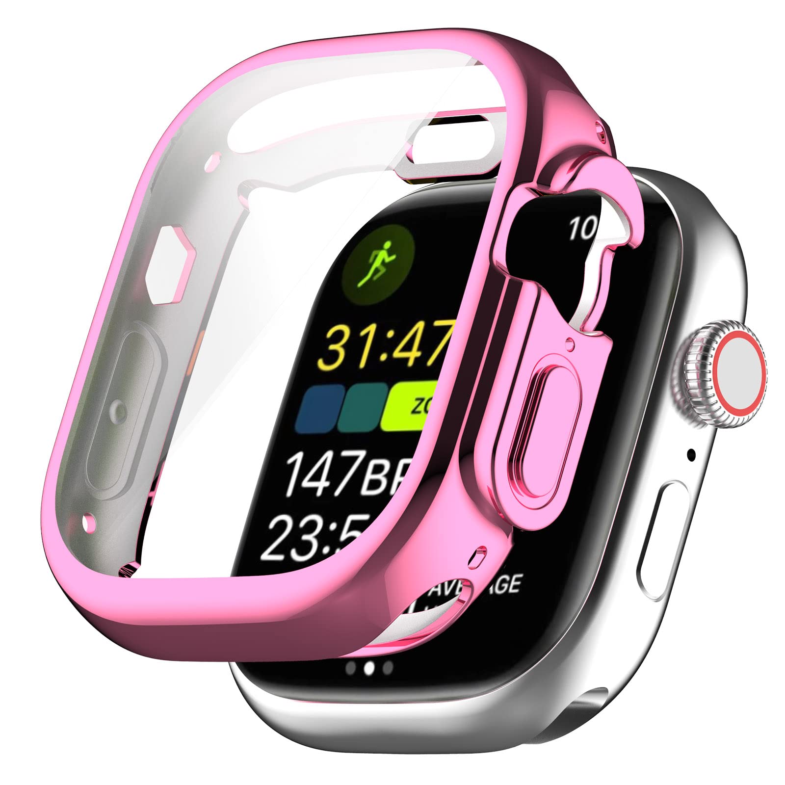 LIJINLAN for Apple Watch Ultra 49mm Case with Screen Protector, Anti-Fog Tempered Glass Protective Film and Hard PC Bumper Case Cover for Apple Watch Ultra 49mm Accessories (Pink)