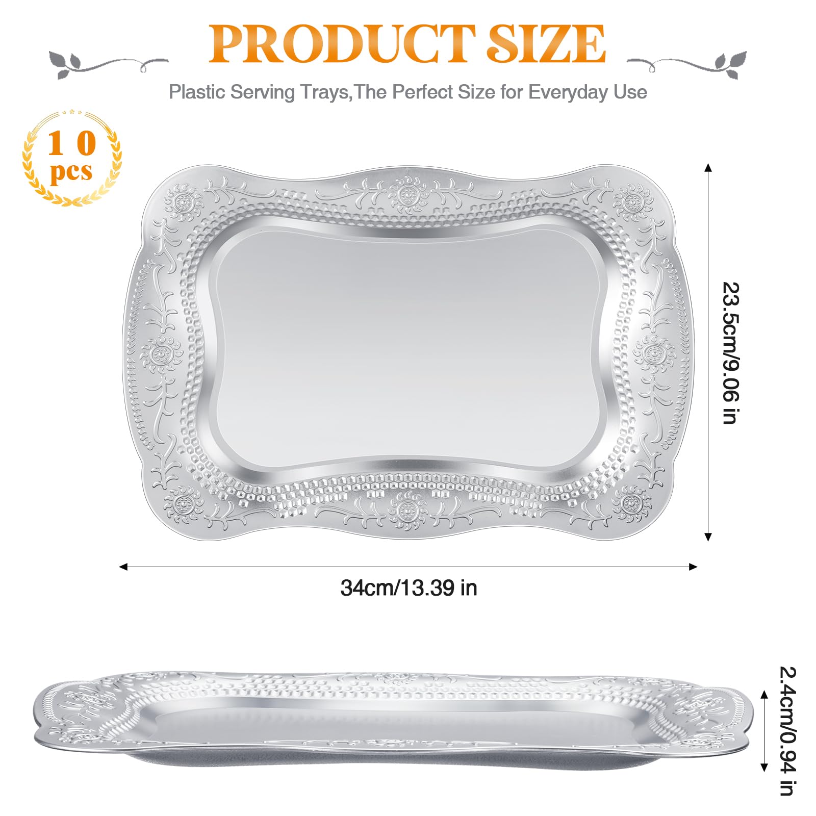 Layhit 10 vassoi da portata rettangolari in plastica, 33 x 22,9 cm, per dessert, decorazione in rilievo, per feste, matrimoni, fidanzamenti, compleanni (argento)