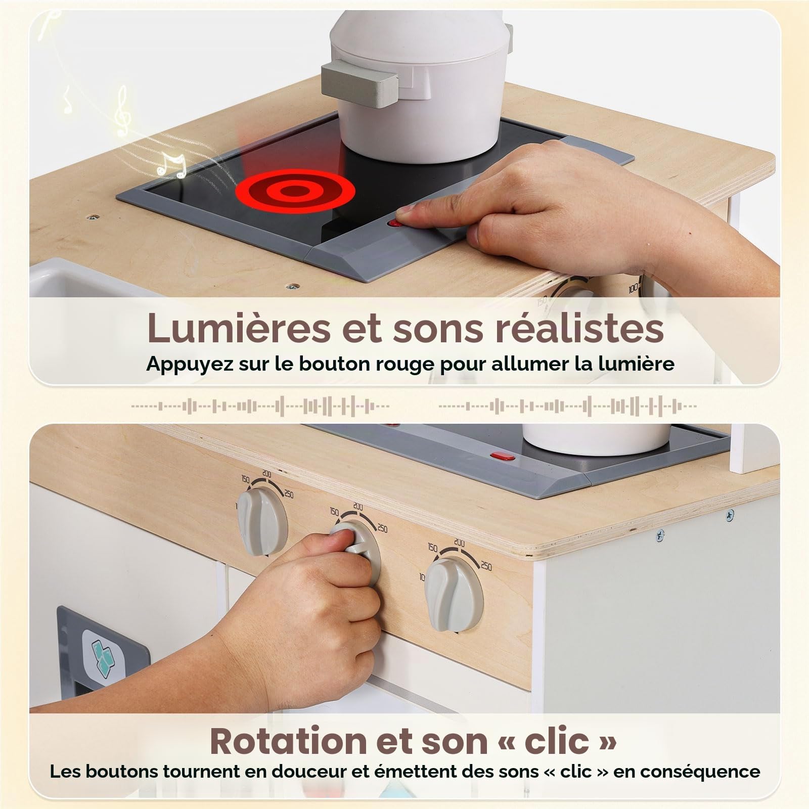 SainSmart Jr. Cuisine de jeu en bois pour enfants, crème – avec son, micro-ondes et évier avec robinet, cuisine pour enfants avec cuisinière, four et réfrigérateur, jeu de rôle dès 3 ans