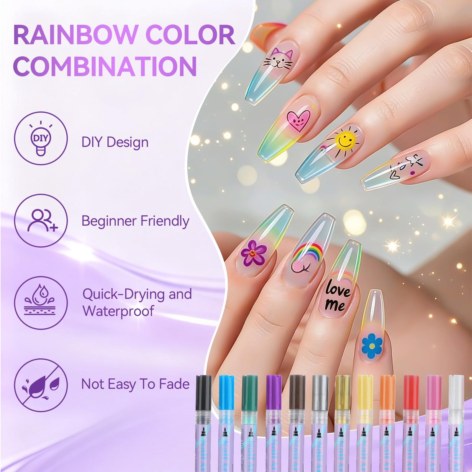 12 colores 3D esmalte de uñas Set de lápices de uñas DIY línea arte de uñas graffiti lápiz de puntos para pintar, delineador de uñas, pincel para DIY Nail Art (1 juego-12 unidades) -TA640-12 — view 3