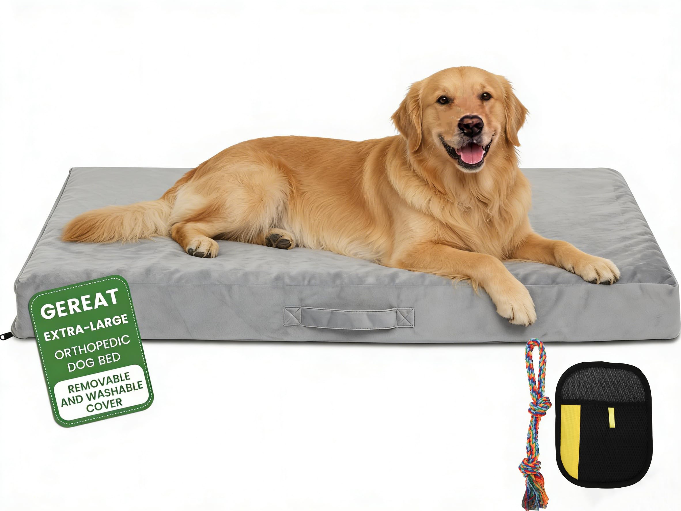 Gereat Orthopedic Dog Bed for Extra Large Dogs 44x30 Inches, 28D Egg Crate Foam Pet Bed with Non-Slip Bottom, Waterproof Dog Bed with Removable Washable Cover, Hair Removal Glove, and Chew Knot