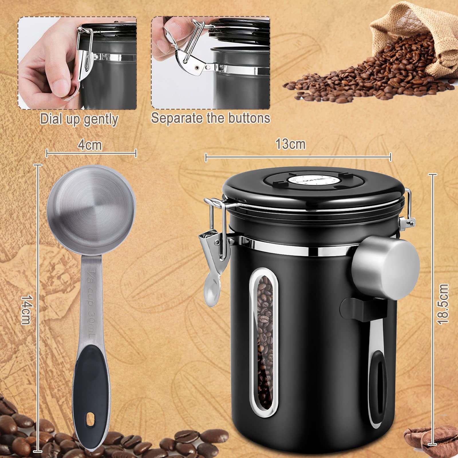 Barattolo Caff&egrave; Ermetico 1.8L In Acciaio Inox - Contenitore Sottovuoto Con Data E Cucchiaio