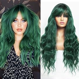 ANDRIA Green Wig with Bangs Blue Color Wig Wet and Wavy Long Loose Curly Wave Synthetic Heat Resistant Fiber Black Ombre Green Hair Wigs for Women 26 Inch