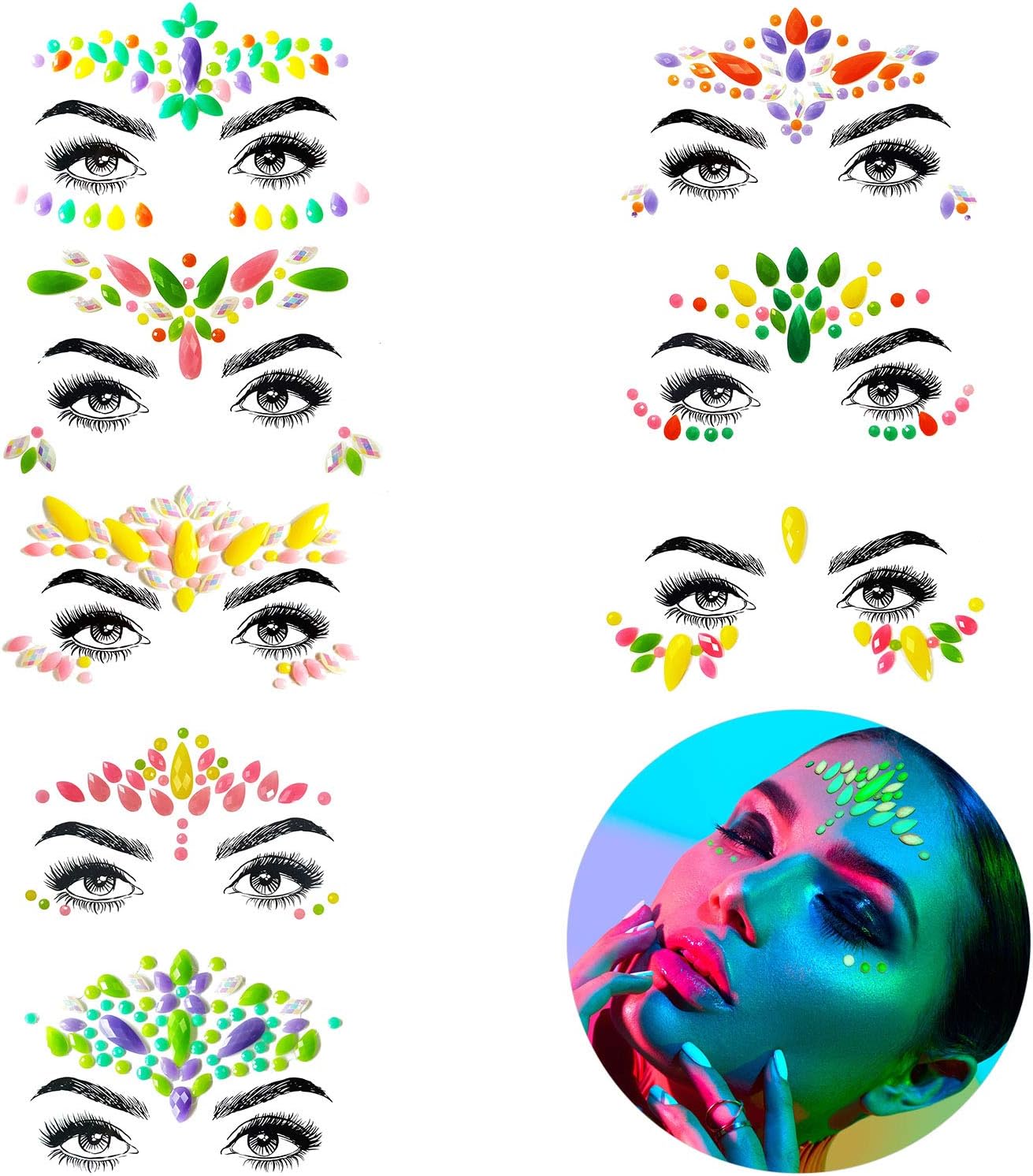 YRYM HT Face Jewels - Noctilucent Face Gems Mermaid Face Jewels Festival, Body Rhinestone Gems Rave Rainbow Face Crystals Luminous for Christmas Festival Music Carnival Party Makeup（8 Sets collection）