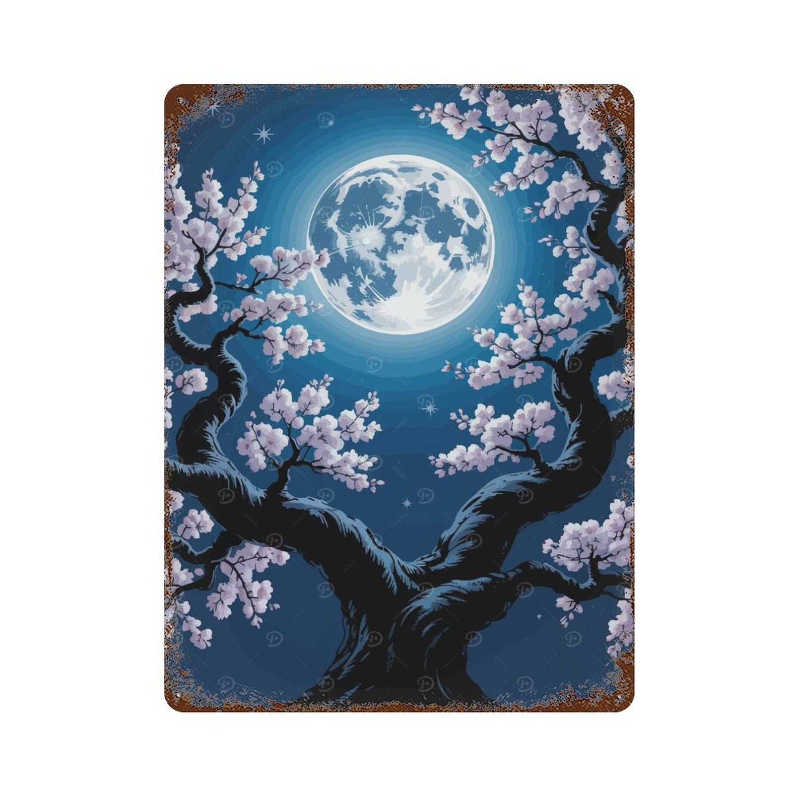 Cherry Blossoms Under Moonlight Vintage Metal Tin Sign 15.7"x11.8", Retro Wall Decor for Office, Studio And Wall Decor