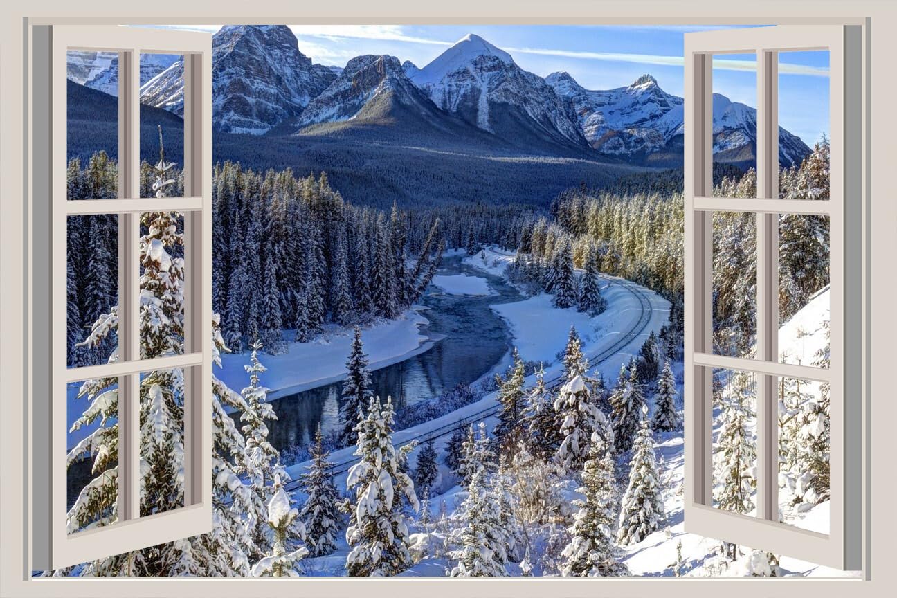 JVERF - JZZA19411 Canada Winter Mountains Forests Parks Scenery| Self-Adhesive Open Window Wall Sticker