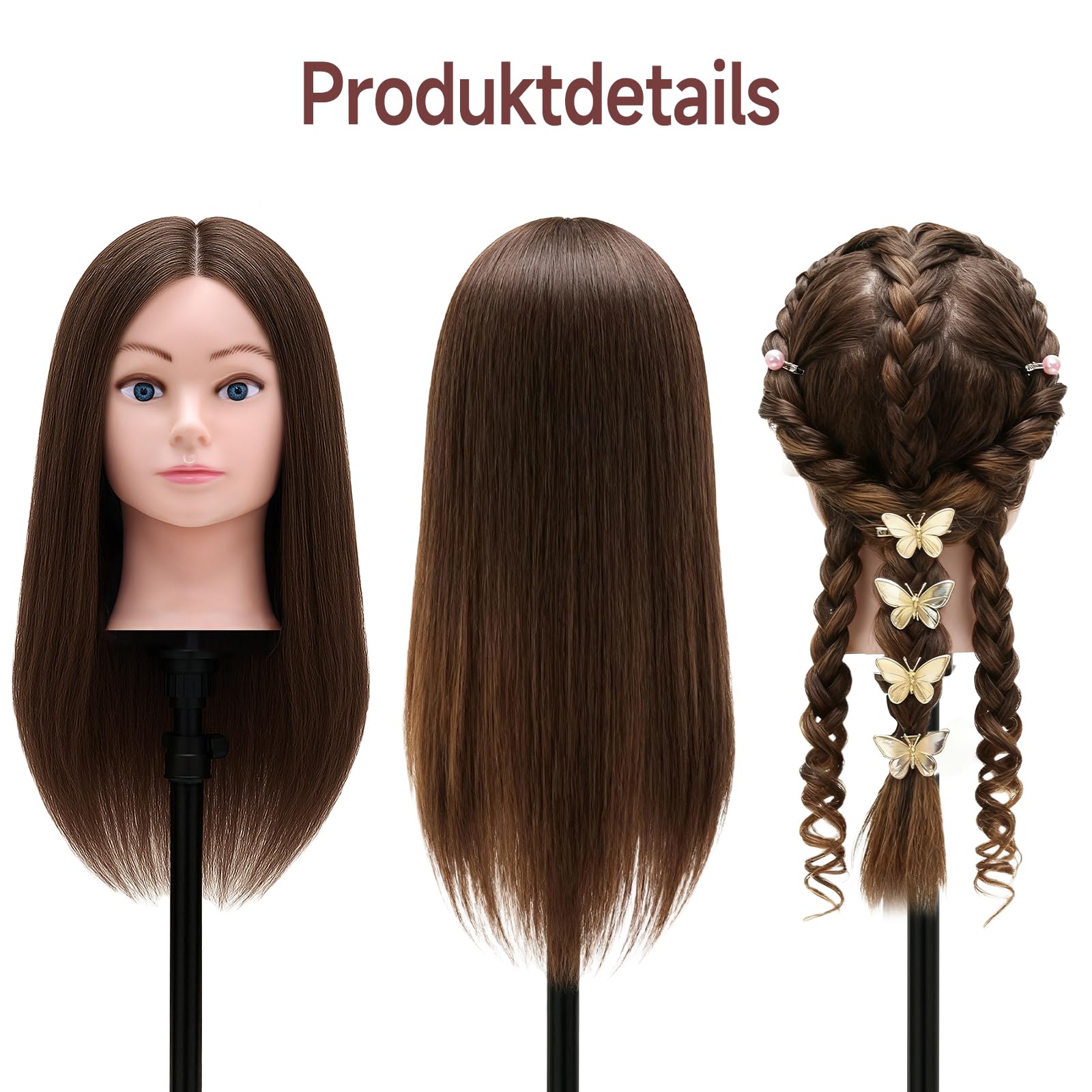 TwoWin Friseurkopf 20 Zoll 50.8 cm 100% Echthaar Mannequin Kopf Übungskopf Haar Friseur Trainingsköpfe Styling Friseurpraxis Braun