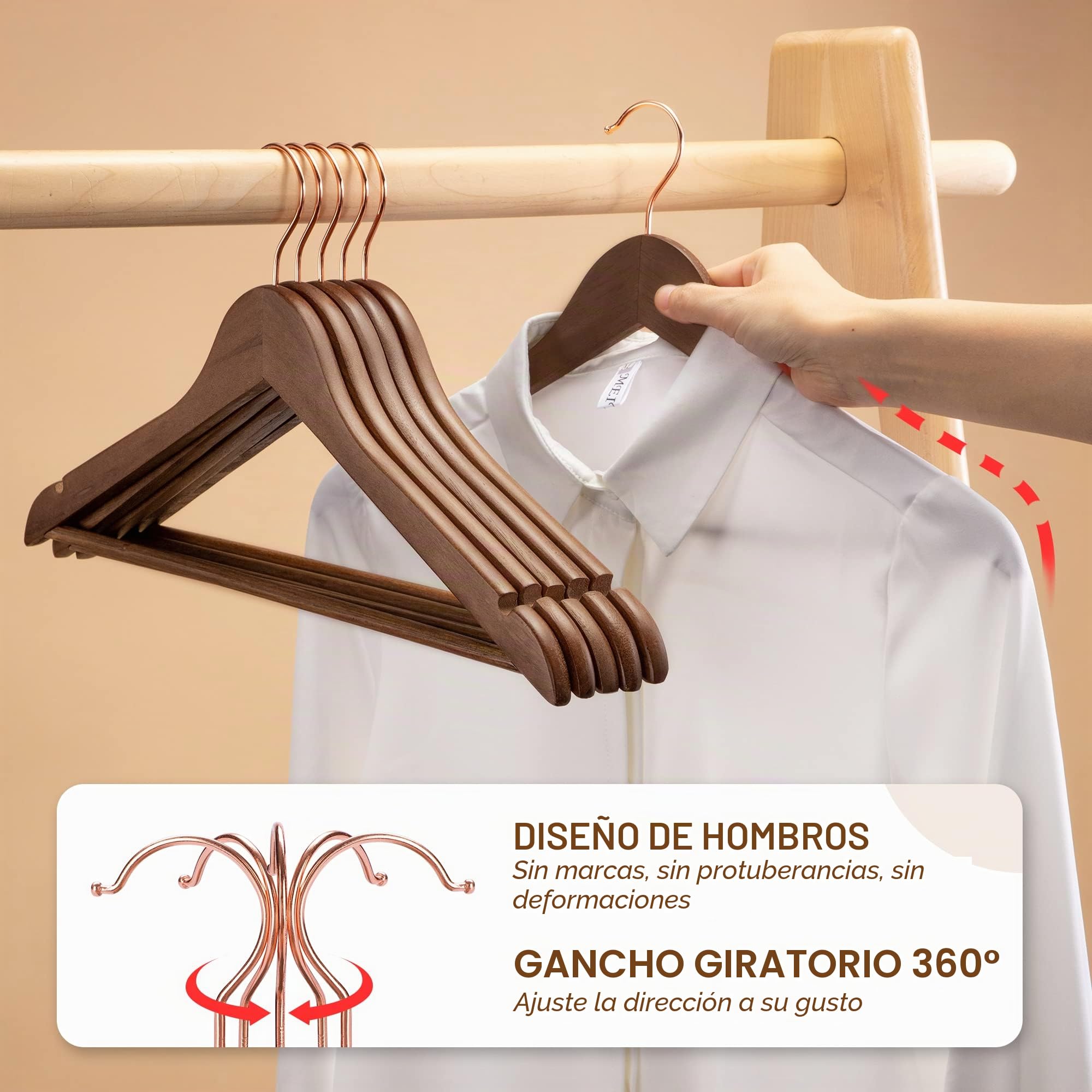 HOUSE DAY 32Pcs Perchas de Madera Resistentes de Primera Calidad, para el día de la casa, para Ropa, Perchas Antideslizantes en los Hombros, con Gancho Giratorio de Color Oro Rosa, 45 cm, Noyer