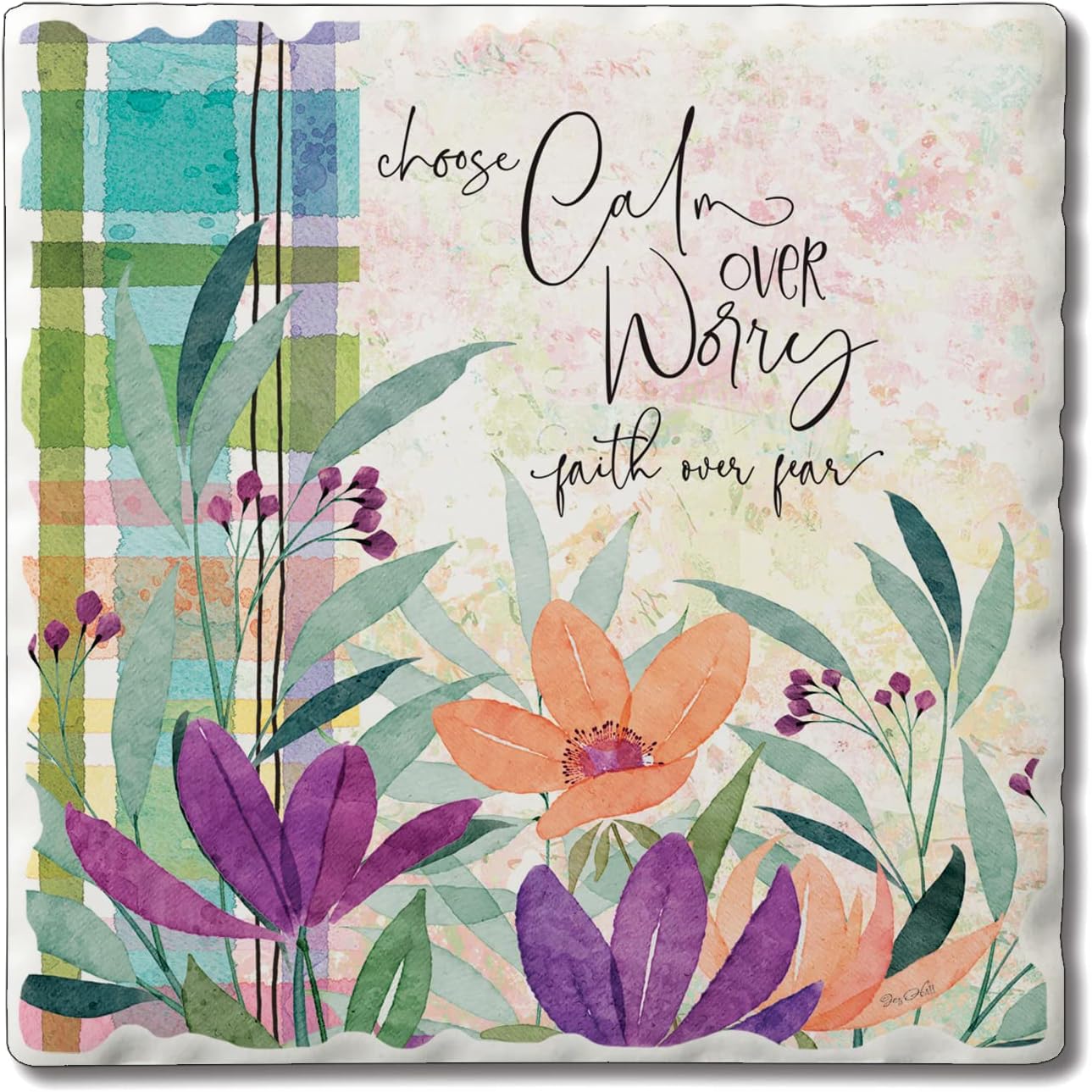 Absorbent Stone Tumbled Tile Coasters, Calm Over Worry, Set of 4