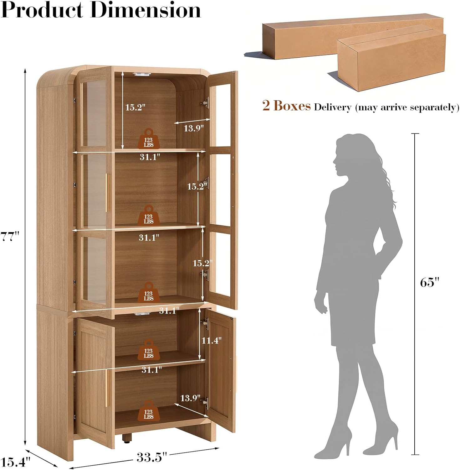 77" Tall Kitchen Pantry Cabinets, Wooden Curved Storage Cabinets with 2 Adjustable Shelves, 1.18'' Panel Freestanding Cupboard for Dining Room, Living Room, Bathroom, Oak, 1Pcs