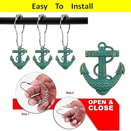 Miniatura 7 de Juego de 12 ganchos decorativos para cortina de ducha con ancla, para el hogar, baño, náutico, océano, barco, vela, playa tropical, isla costera,