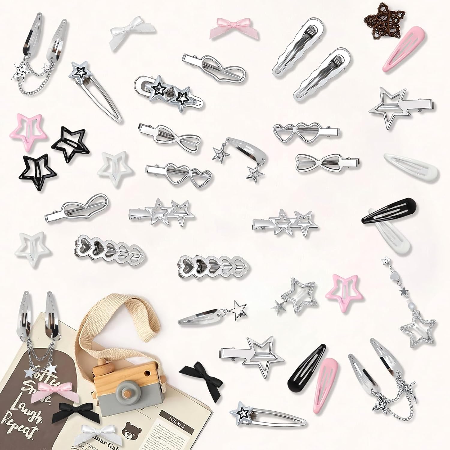 42Pcs Y2k Pink Hair Clips Set Silver Hair Clips Metal Star Barrettes 2000s Non Slip Accessories Styling Tools Cool Hair Barrettes for Girls Hairstyle Accessory Gifts