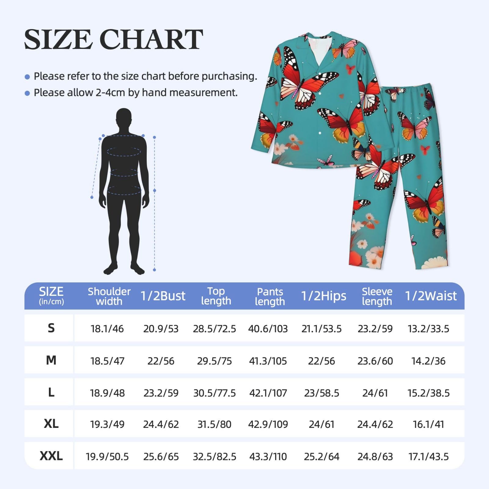 Hen Flying Butterflies Among Flowers Print Herren-Pyjama-Set, langärmelig, zweiteilig, Hauskleidung, bequeme Nachtwäsche