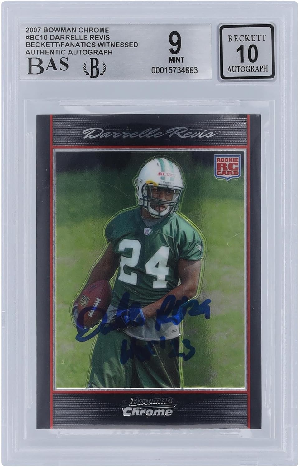 Darrelle Revis New York Jets Autographed 2007 Bowman Chrome #BC10 Beckett Fanatics Witnessed Authenticated 9/10 Rookie Card with "HOF 23" Inscription - Football Slabbed Autographed Rookie Cards