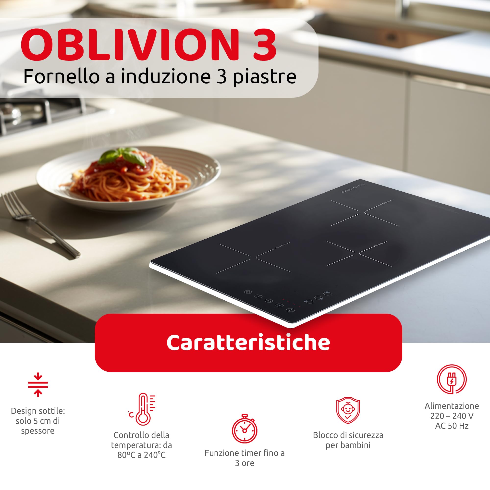 Plaque à Induction Portable Family OBLIVION 3 | 3 Feux, Minuterie 3h, Sécurité Enfants | Design Fin 5 Cm - 3