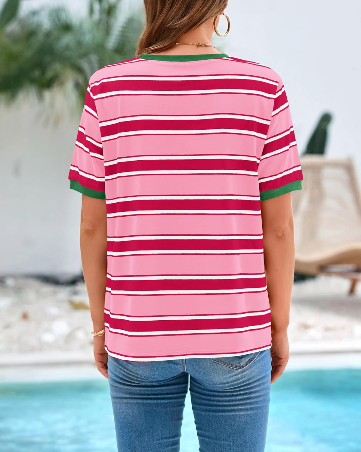 BTFBM Summer Tops for Women 2026 Crewneck Short Sleeve Striped T Shirts Casual Spring Clothes Color Block Basic Tee Blouses - Image 3