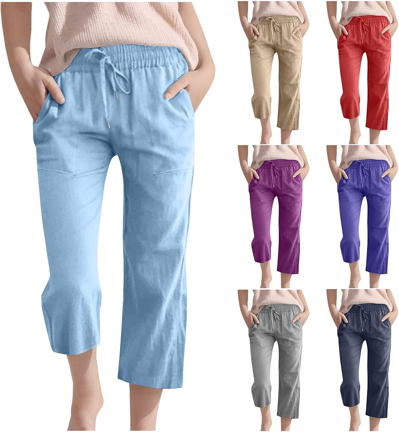 Girls Cotton Linen Capri Pants Linen-Blend Wide Leg Capris Breathable Loose Thin Cropped Trousers Drawstring 𝐋ounge Pants