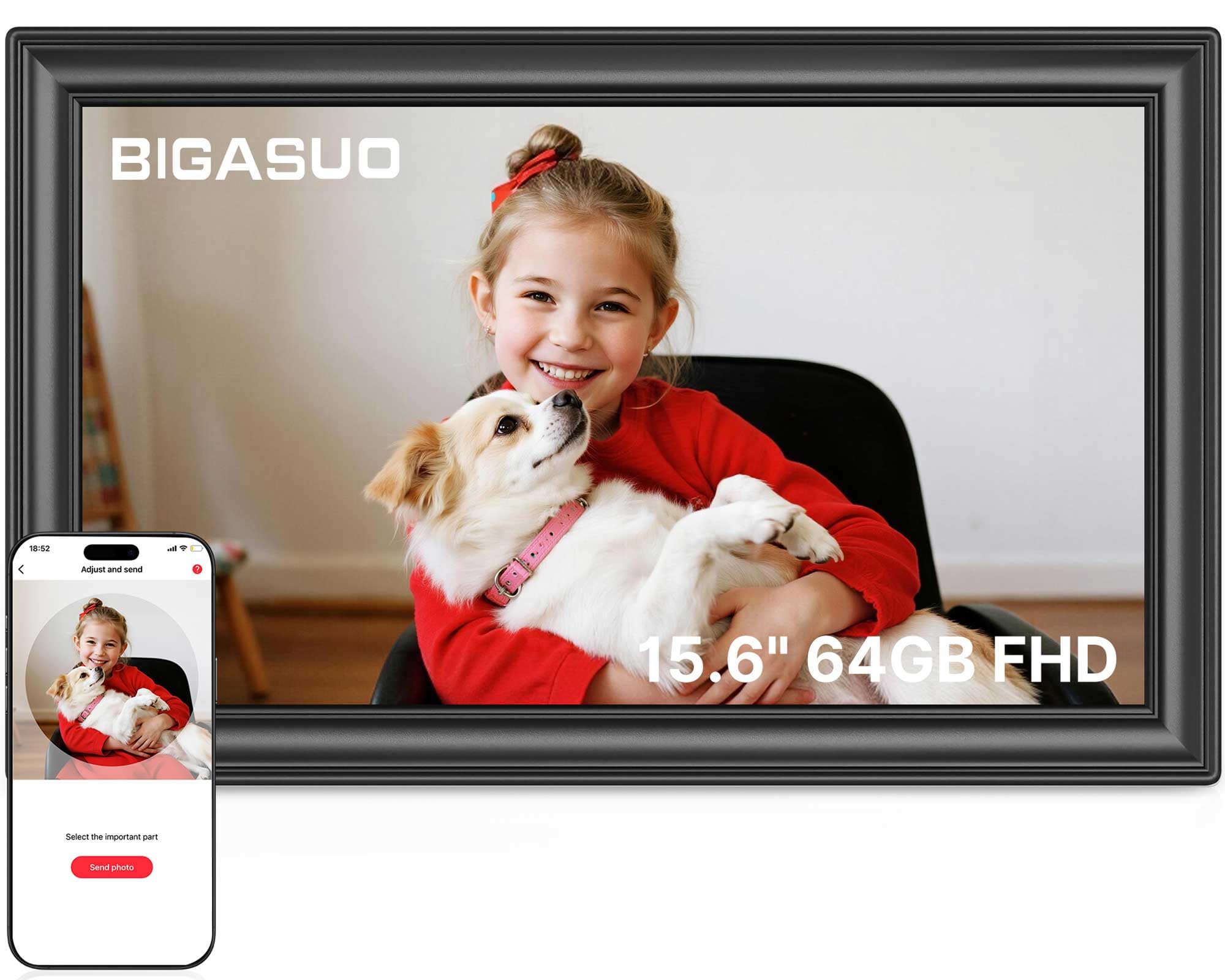 64 GB 15,6 Zoll Frameo Digitaler Bilderrahmen WiFi Schwarz - 1920 * 1080P FHD IPS Touchscreen Große elektronische Bilderrahmen, Auto Drehen, Wandmontage, Teilen von Fotos und Videos