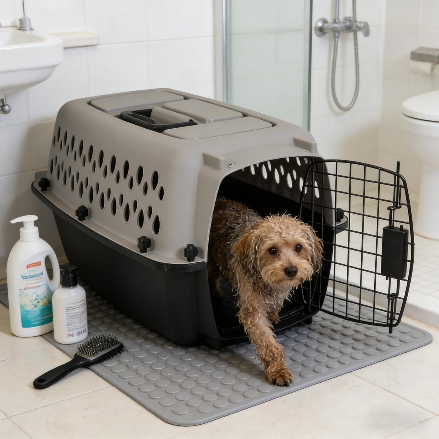 Small Dog Crate 19 Inch, Hard-Sided Plastic Travel Kennel with Steel Wire Front Door, Portable Pet Carrier for Small Dogs & Cats, Easy-Squeeze Locking Latches, Black/Grey