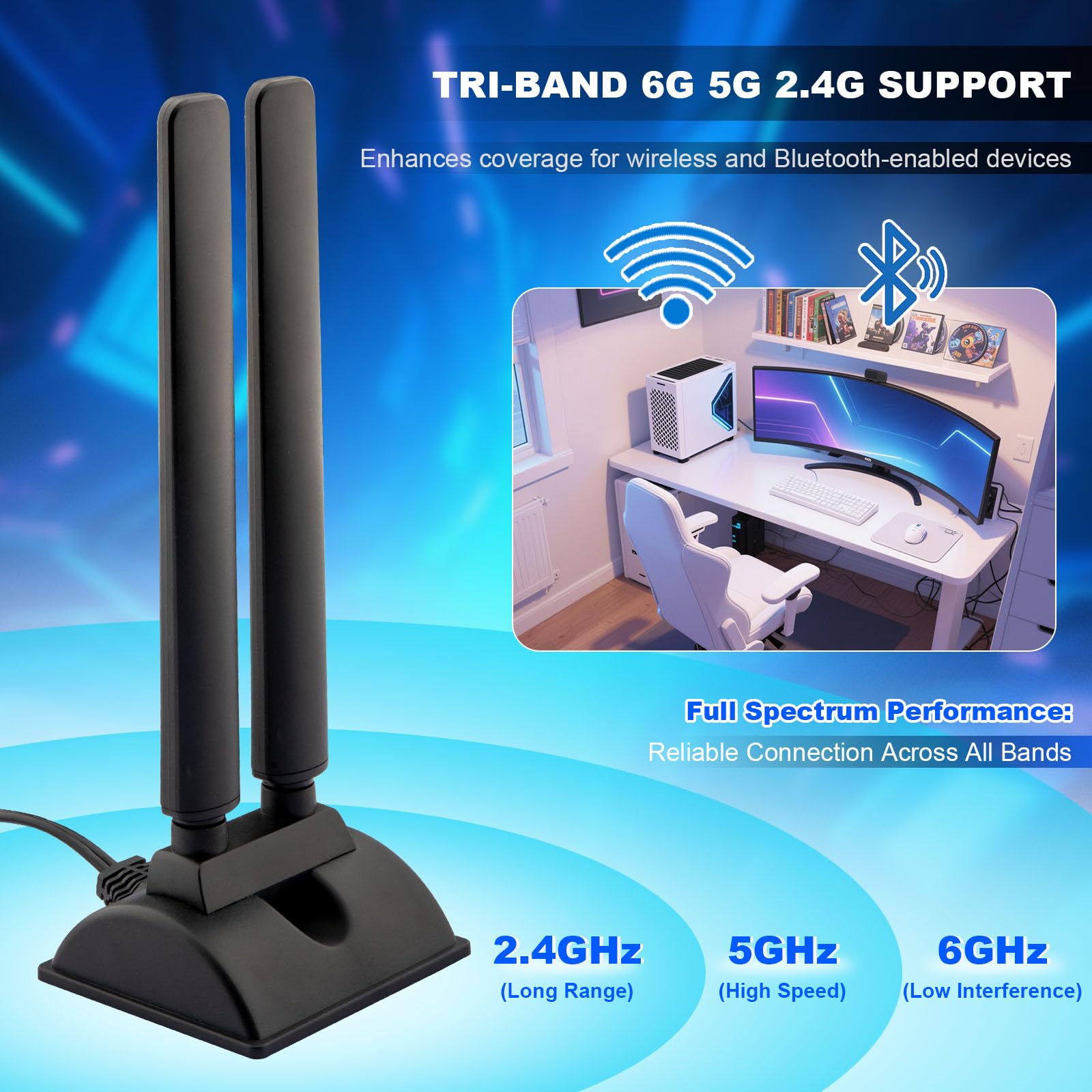 Antenne WiFi 6E tri-bande 2,4 GHz 5 GHz 6 GHz RP-SMA Base magnétique pour ordinateur de bureau, carte mère, ordinateur PCI-E 6E, carte Bluetooth, adaptateur WiFi USB, routeur sans fil