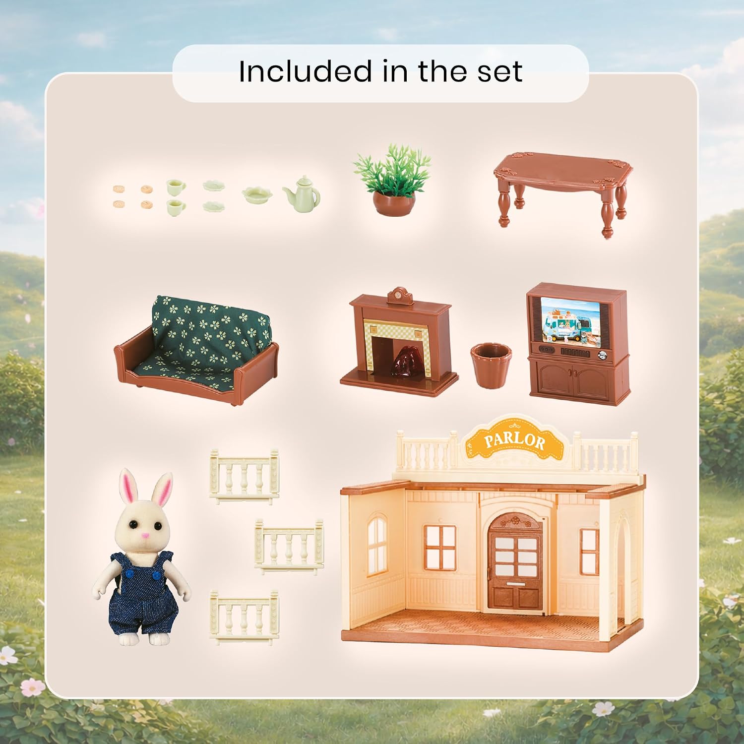 Family Parlor Doll House — Cozy Living Room Cabin with Bunny Figure, Sofa & Furniture, Modular Pretend Play Set for Kids Ages 3+ image 3