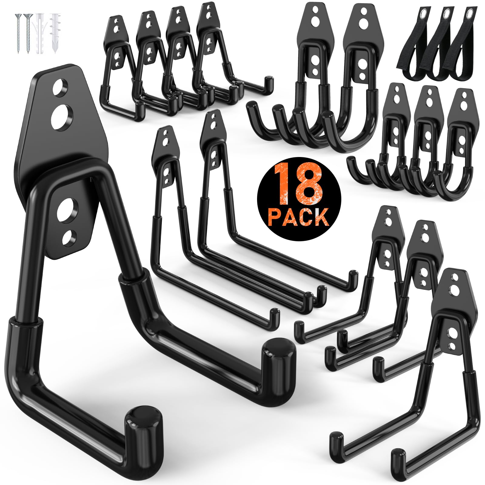 Housolution Steel Garage Hooks - 18Pack Anti-Slip Coating, Heavy Duty Wall Mount Hooks for Bikes, Garden Tools, Ladders, Hose, Bulk Items Ropes, Garage Tool Organizer with Extension Cord Wrap, Black