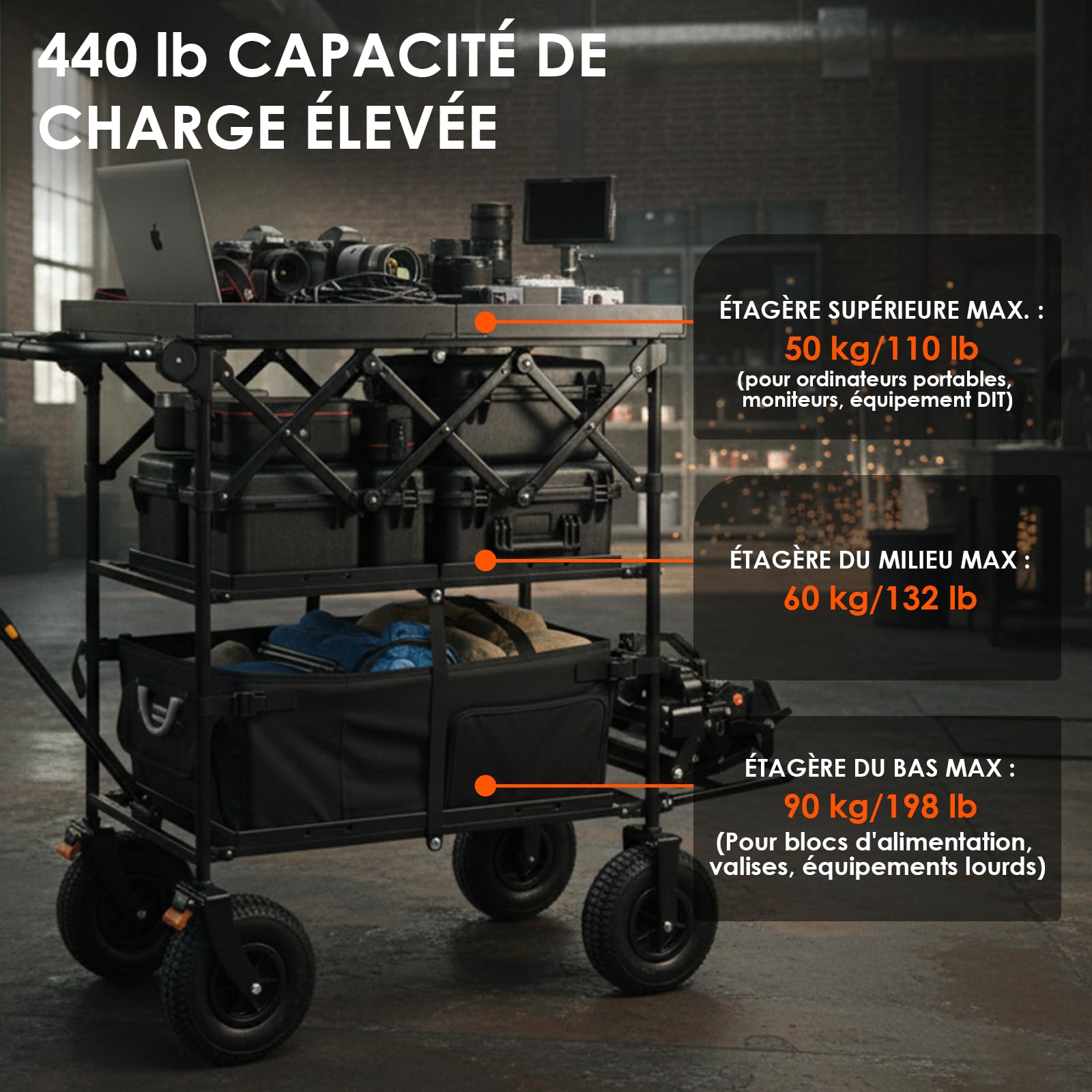 TARION Chariot de Production Vidéo pour Caméra - Chariot Pliable pour photographes, capacité de Charge Lourde 200 kg, avec Sacoche de Selle, bac de Rangement Pliable et Trois étagères