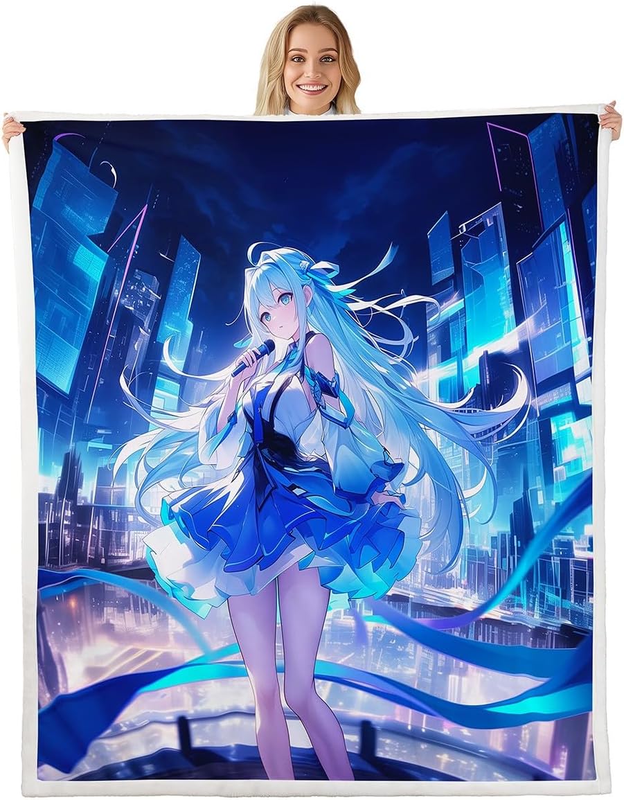 Hawaii Girl Flannel Fleece Blanket,Japanese Style Kawaii Princess Super Soft Blanket for Sofa Couch,Summer Swimming Pool Tropical Palm Trees Blue Sky Bed Blanket for Bedroom,Twin 60"x80"