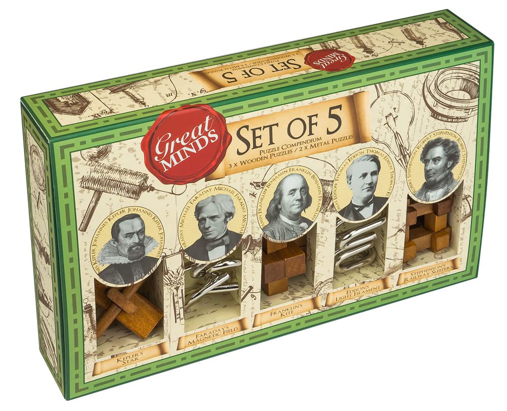 Professor PUZZLE Great Minds Brain Teaser Puzzle Set - 5 Piece - 3 X Wooden Brain Teaser Puzzle & 2 X Metal Entanglement Puzzles - Male