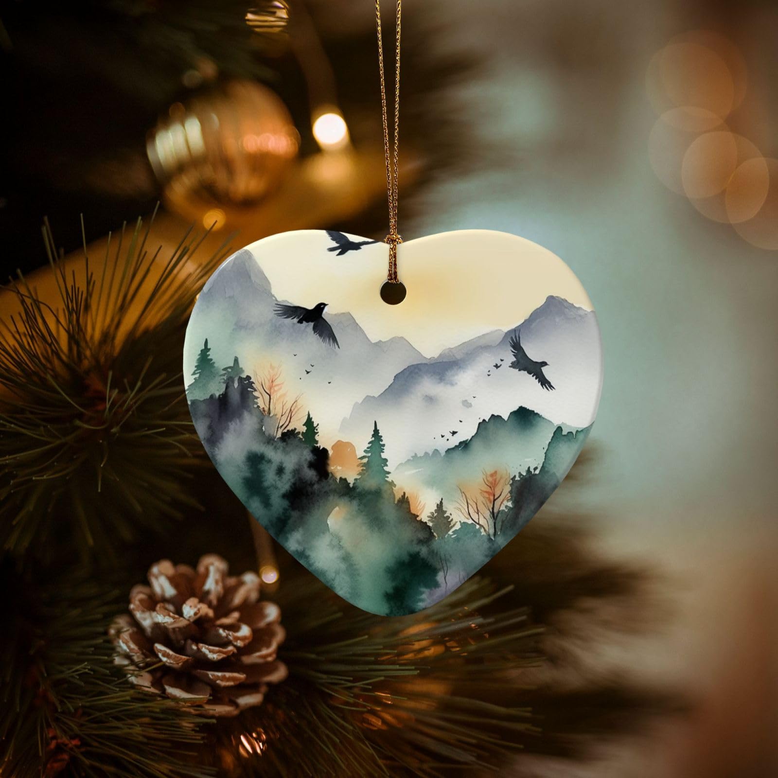 Christmas Tree Ornaments Ceramics Christmas Decorations Mountain Birds Watercolor Ornaments with Gold Ribbon Porcelain Xmas Tree Crafts Heart Shape Hanging Pendant for Christmas Tree Party Decor