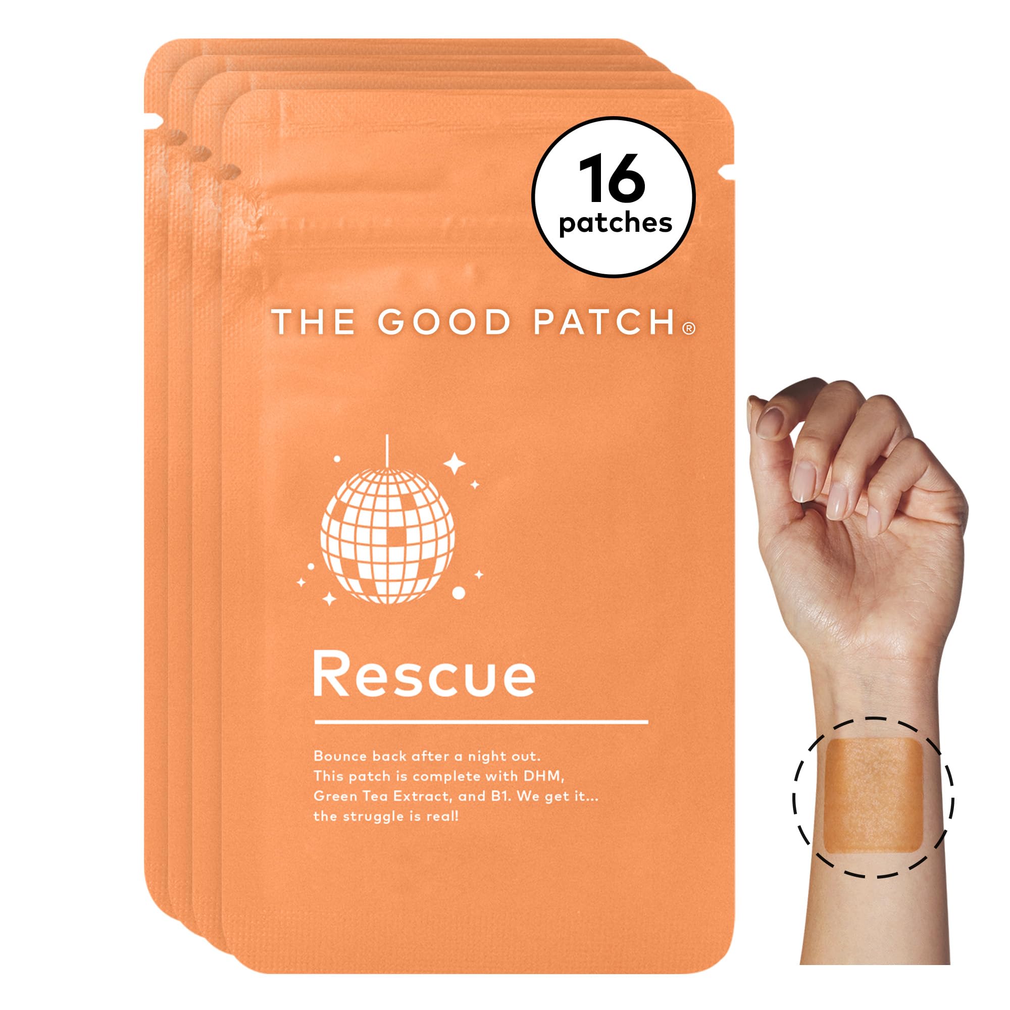 The Good Patch Rescue Recovery Patch, Natural Patch with DHM, Vitamin B1, and Green Tea, Plant-Powered Wearable Wellness, Support After a Night Out (16 Total Patches)