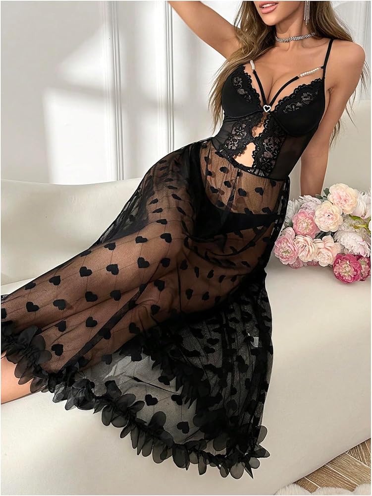 OYOANGLE Women's Heart Print Contrast Mesh Cami Nightdress Cutout See Through Spaghetti Strap Nightgown Black Small at Amazon Women's Clothing store OYOANGLE Women's Heart Print Contrast Mesh Cami Nightdress Cutout See Through Spaghetti Strap Nightgown Black Small at Amazon Women's Clothing store