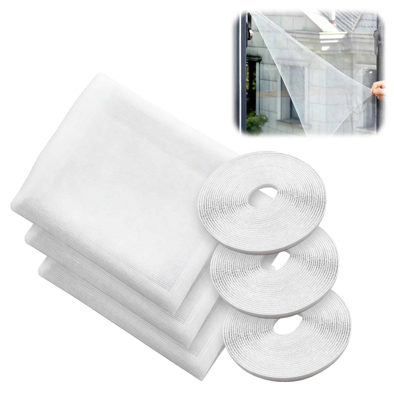 DIY Self-Adhesive Insect Mesh Curtain, 3 Pcs 130 x 150cm Fly Bug Bee Protector Screen, Mosquito Netting with Tape, Window Net to Keep for Multiple Windows (White)