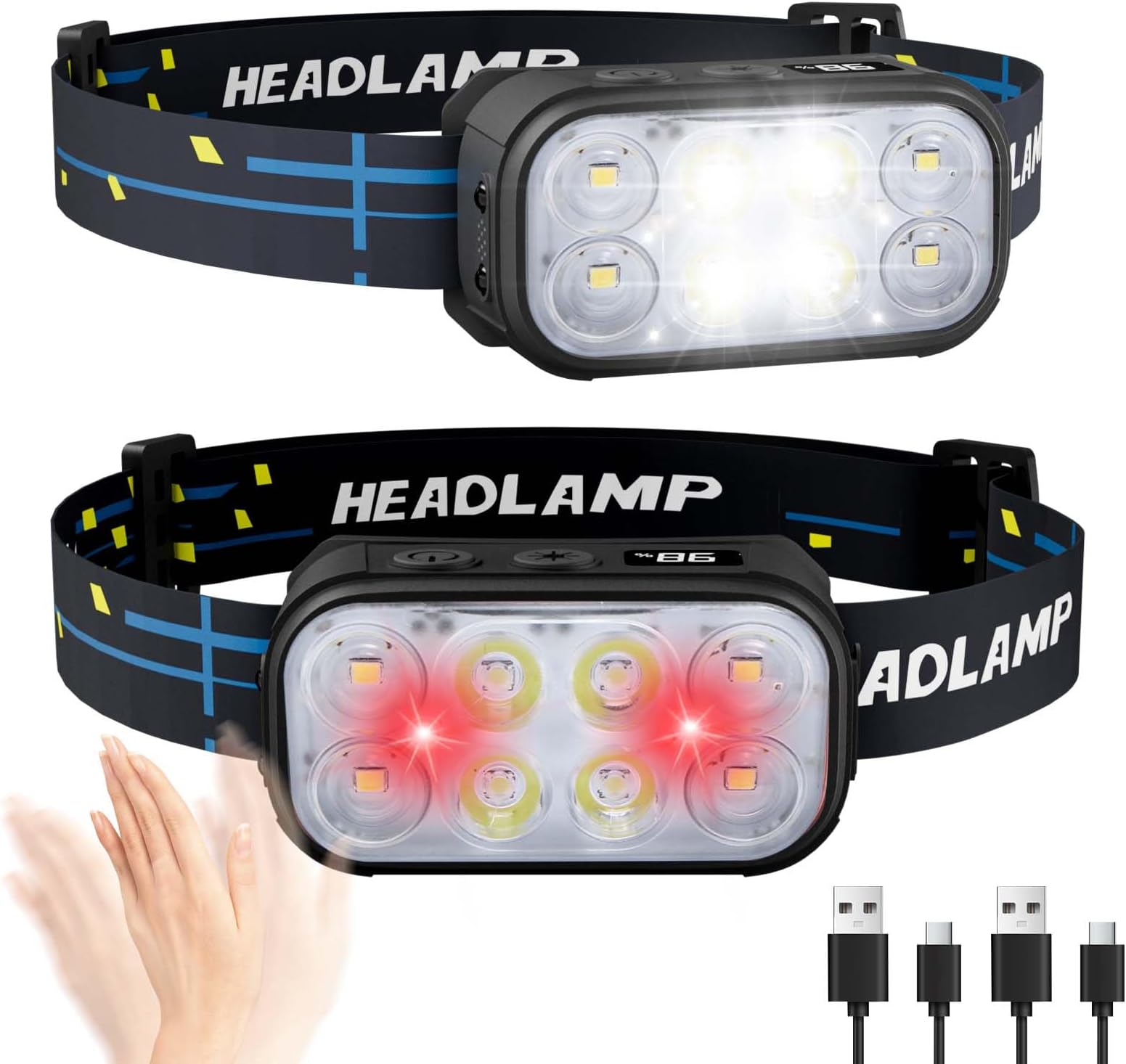 Headlamp Rechargeable 2 Pack, Super Bright LED Head Lamp, 1500 Lumen, 12 Modes, Motion Sensor, Waterproof Head Lights for Forehead for Camping, Running, Fishing, Climbing