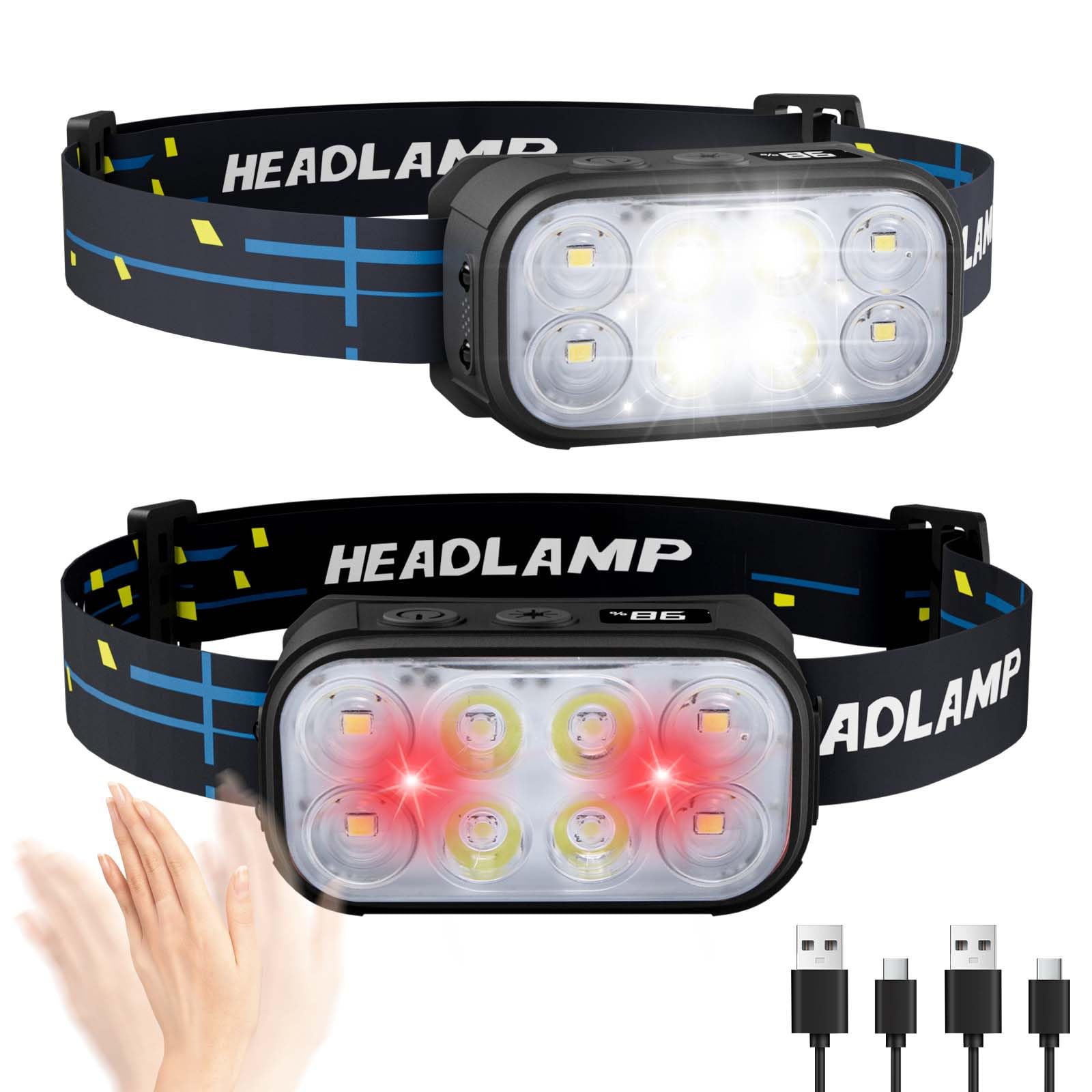 Stirnlampe Wiederaufladbar 2 Pack Super Helle LED Kopflampe 1500 Lumen 12 Modi Bewegungsmelder Wasserdichte Stirnlampen für Stirn für Camping, Laufen, Angeln, Klettern