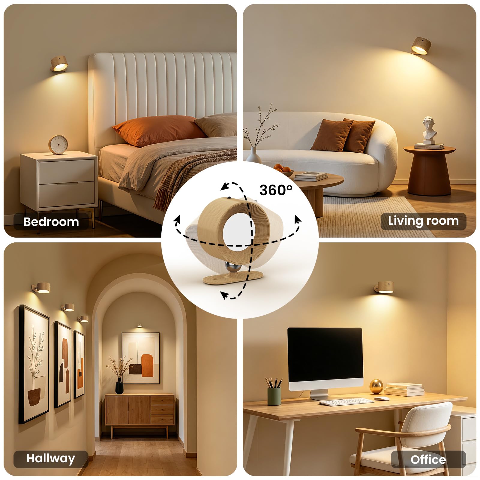 Koopala Apliques LED, lámparas de pared con puerto USB recargable que funciona con pilas, 3 temperaturas de color y 3 niveles de brillo, bola magnética giratoria de 360°, luces inalámbricas para leer