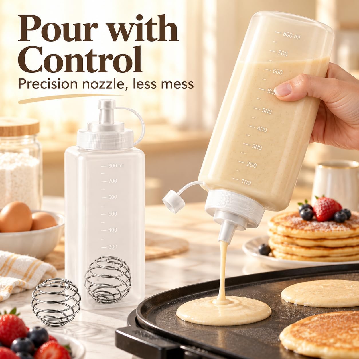 2 Pack Pancake Batter Dispenser with Whisk Balls, 27 fl oz Each