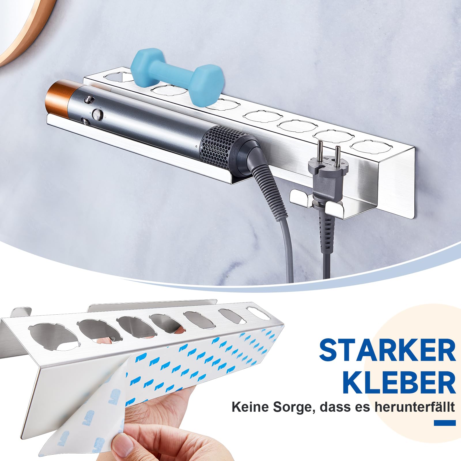 Fönhalter Ohne Bohren, Edelstahl Föhn und Glätteisen Wand Halterung, 7 In 1 Lockenstab Zubehör Wandhalterung Halterung für Haus Bad Veranstalter (Silber)