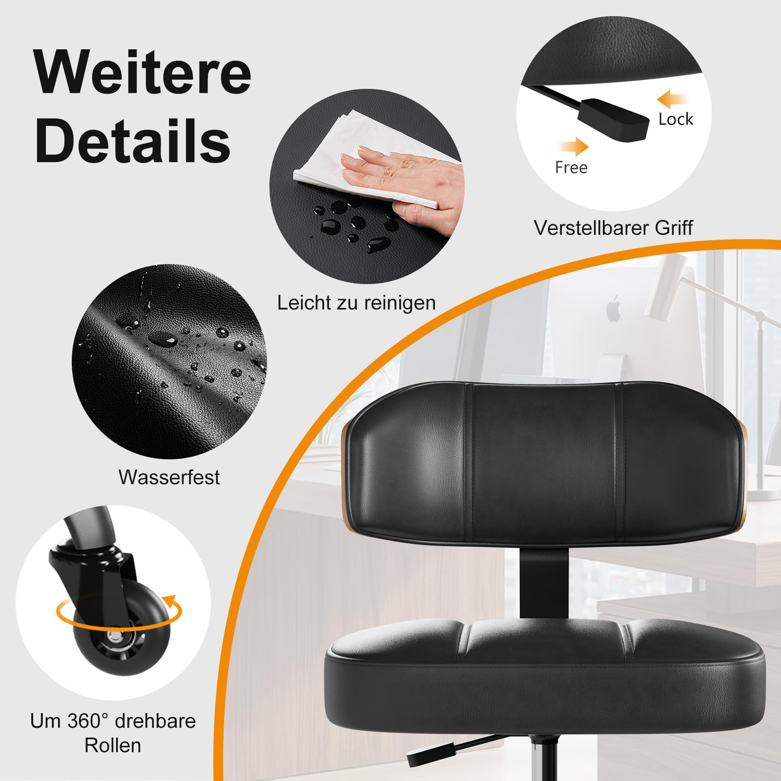 Rollhocker HöHenverstellbar, Bürohocker Ergonomisch,Arbeitshocker, Drehhocker 360°,Mit Rückenlehne Pu-Sitzpolsterung Für Spa Zeichnung Salon Arbeit Büro Bar Studio Labor Black