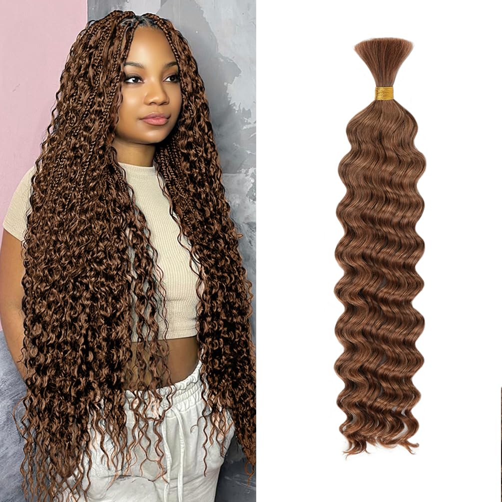 18 Inch Deep Wave Human Braiding Hair for Boho Braids – 50g 1 Bundles/Pack Auburn Ginger 100% Unprocessed 12A Brazilian Virgin Human Hair Bulk, No Weft, Wet & Wavy Curly Extensions